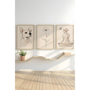Minimal Çizim Köpek, Çiçek Ve Meditasyon Figürü 3 Parçalı Ahşap Çerçeveli Tablo Seti 30x42 cm