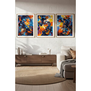 Soyut Renkli Fırça Desenleri 3’lü Ahşap Çerçeveli Tablo Seti 50x70 cm