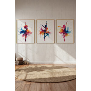 Renkli Balerin Çizim Temalı 3’lü Ahşap Çerçeveli Tablo Seti - Salon Dekoru 21x30 cm