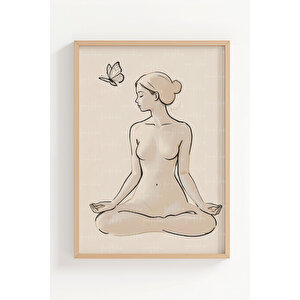 Minimal Çizim Köpek, Çiçek Ve Meditasyon Figürü 3 Parçalı Ahşap Çerçeveli Tablo Seti 50x70 cm