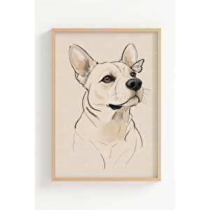 Minimal Çizim Köpek, Çiçek Ve Meditasyon Figürü 3 Parçalı Ahşap Çerçeveli Tablo Seti 50x70 cm