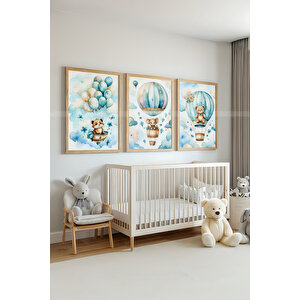 Balonlu Ayıcıklar 3’lü Ahşap Çerçeveli Dekoratif Tablo Seti 30x42 cm