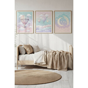 Uçan Balon Ve Ay Desenli 3’lü Modern Ahşap Çerçeveli Tablo Seti - Çocuk Odası Dekoru 30x42 cm