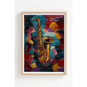Saksafon Piyano Çello 3’lü Müzik Temalı Ahşap Çerçeveli Tablo Seti