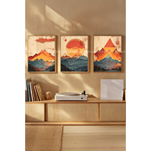 Dağ Manzarası 3 Parçalı Ahşap Çerçeveli Tablo Seti-2 21x30 cm