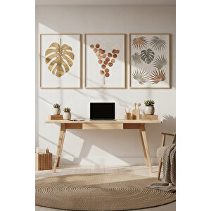 Tropikal Yaprak Desenli 3’lü Modern Ahşap Çerçeveli Tablo Seti - Çalışma Odası Dekoru 50x70 cm