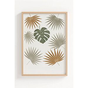 Tropikal Yaprak Desenli 3’lü Modern Ahşap Çerçeveli Tablo Seti - Çalışma Odası Dekoru