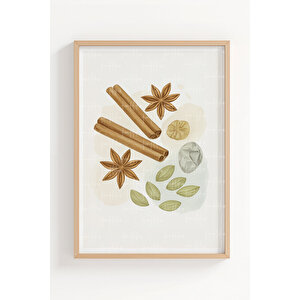 Bitki Ve Baharat İllüstrasyonları 3’lü Ahşap Çerçeveli Tablo Seti - Mutfak Dekoru 50x70 cm