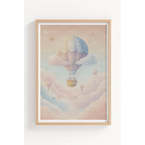 Balon Ve Bulutlar 3’lü Ahşap Çerçeveli Tablo Seti - Çocuk Odası Dekoru