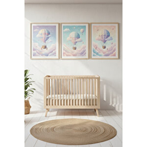 Balon Ve Bulutlar 3’lü Ahşap Çerçeveli Tablo Seti - Çocuk Odası Dekoru 30x42 cm