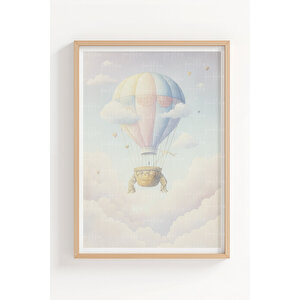 Balon Ve Bulutlar 3’lü Ahşap Çerçeveli Tablo Seti - Çocuk Odası Dekoru 30x42 cm
