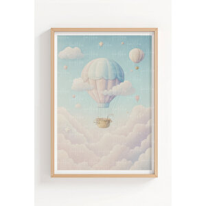 Balon Ve Bulutlar 3’lü Ahşap Çerçeveli Tablo Seti - Çocuk Odası Dekoru 30x42 cm