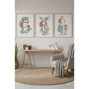 Antik Heykel Sanatı 3’lü Modern Ahşap Çerçeveli Tablo Seti - Çalışma Odası Dekoru 30x42 cm