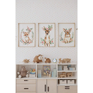 Bebek Ve Çocuk Odası Çiçekli Hayvanlar Tema Ahşap Çerçeveli 3'lü Tablo Seti 21x30 cm
