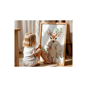 Bebek Ve Çocuk Odası Çiçekli Hayvanlar Tema Ahşap Çerçeveli 3'lü Tablo Seti 21x30 cm