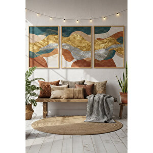 Altın Ve Gümüş Dalga Desenli 3’lü Soyut Ahşap Çerçeveli Tablo Seti - Salon Dekoru 21x30 cm