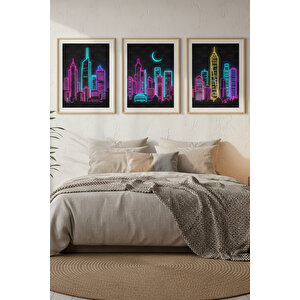 Neon Şehir Silüeti 3’lü Modern Ahşap Çerçeveli Tablo Seti - Yatak Odası Dekoru 30x42 cm