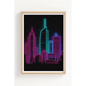 Neon Şehir Silüeti 3’lü Modern Ahşap Çerçeveli Tablo Seti - Yatak Odası Dekoru 21x30 cm