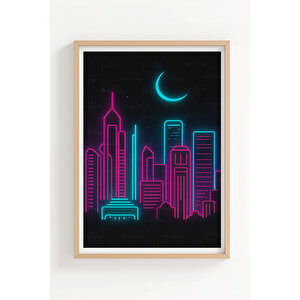 Neon Şehir Silüeti 3’lü Modern Ahşap Çerçeveli Tablo Seti - Yatak Odası Dekoru 21x30 cm