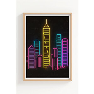 Neon Şehir Silüeti 3’lü Modern Ahşap Çerçeveli Tablo Seti - Yatak Odası Dekoru