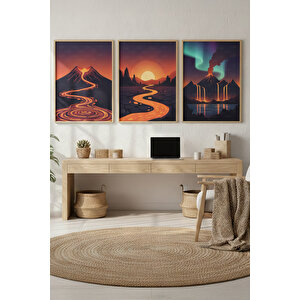 Volkan Ve Lav Manzaralı 3’lü Modern Ahşap Çerçeveli Tablo Seti - Çalışma Odası Dekoru 50x70 cm