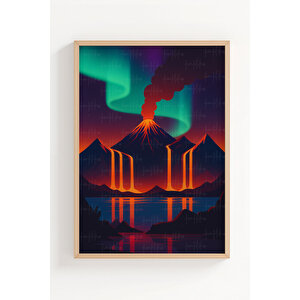 Volkan Ve Lav Manzaralı 3’lü Modern Ahşap Çerçeveli Tablo Seti - Çalışma Odası Dekoru 50x70 cm