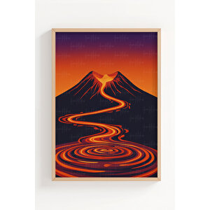 Volkan Ve Lav Manzaralı 3’lü Modern Ahşap Çerçeveli Tablo Seti - Çalışma Odası Dekoru 50x70 cm