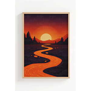 Volkan Ve Lav Manzaralı 3’lü Modern Ahşap Çerçeveli Tablo Seti - Çalışma Odası Dekoru