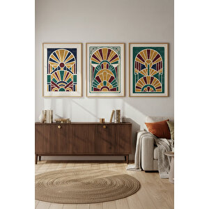 Art Deco Geometrik Desen 3’lü Ahşap Çerçeveli Tablo Seti 21x30 cm