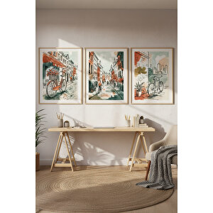 Bisiklet Ve Şehir Sokakları 3’lü Ahşap Çerçeveli Tablo Seti - İllüstrasyon Çalışma Odası Dekoru 50x70 cm