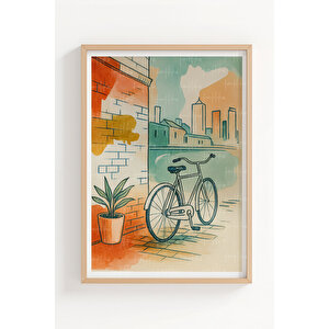 Bisiklet Ve Şehir Sokakları 3’lü Ahşap Çerçeveli Tablo Seti - İllüstrasyon Çalışma Odası Dekoru 50x70 cm