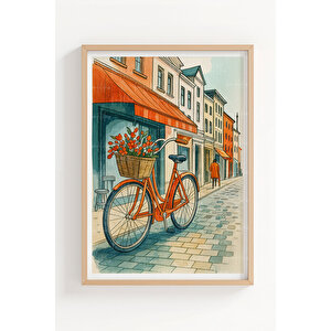 Bisiklet Ve Şehir Sokakları 3’lü Ahşap Çerçeveli Tablo Seti - İllüstrasyon Çalışma Odası Dekoru 50x70 cm
