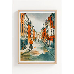 Bisiklet Ve Şehir Sokakları 3’lü Ahşap Çerçeveli Tablo Seti - İllüstrasyon Çalışma Odası Dekoru