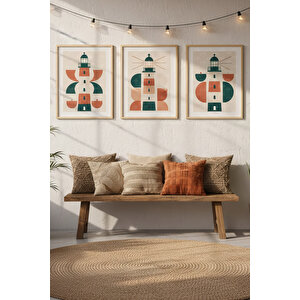 Deniz Feneri 3’lü Geometrik Ahşap Çerçeveli Tablo Seti - Modern Duvar Dekoru 30x42 cm