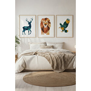 Aslan Kartal Geyik 3 Parçalı Ahşap Çerçeveli Tablo Seti 50x70 cm