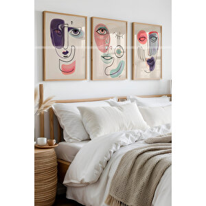 Minimalist Renkli Çizgilerle Yüz Temalı 3'lü Ahşap Çerçeveli Tablo Seti 21x30 cm