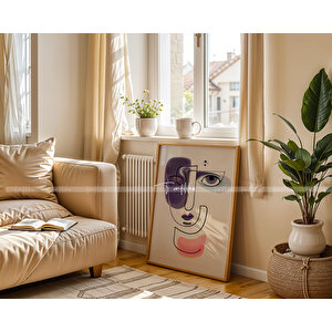 Minimalist Renkli Çizgilerle Yüz Temalı 3'lü Ahşap Çerçeveli Tablo Seti 21x30 cm