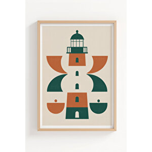 Deniz Feneri 3’lü Geometrik Ahşap Çerçeveli Tablo Seti - Modern Duvar Dekoru 50x70 cm