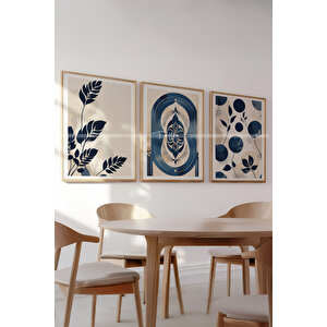 Modern Mavi Tonlu Doğa Temalı Ahşap Çerçeveli 3'lü Tablo Seti 21x30 cm