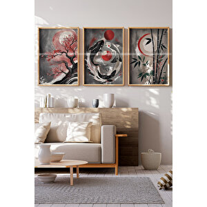 Japon Sanatı Temalı 3'lü Ahşap Çerçeveli Tablo Seti - 30x42 30x42 cm