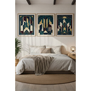 Art Deco Tarzı Geometrik Bina Desenli 3 Parçalı Ahşap Çerçeveli Tablo Seti 50x70 cm