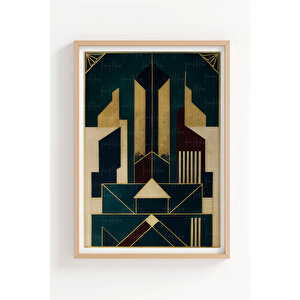 Art Deco Tarzı Geometrik Bina Desenli 3 Parçalı Ahşap Çerçeveli Tablo Seti 50x70 cm