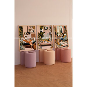 Tropikal Hayvan Ve İnsan Temalı 3 Parçalı Ahşap Çerçeveli Tablo Seti 30x42 cm