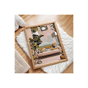 Tropikal Hayvan Ve İnsan Temalı 3 Parçalı Ahşap Çerçeveli Tablo Seti
