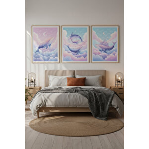 Hayali Balinalar 3’lü Ahşap Çerçeveli Tablo Seti - İllüstrasyon Duvar Dekoru 30x42 cm