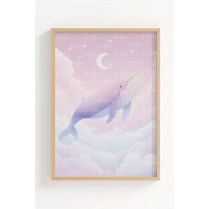 Hayali Balinalar 3’lü Ahşap Çerçeveli Tablo Seti - İllüstrasyon Duvar Dekoru 30x42 cm