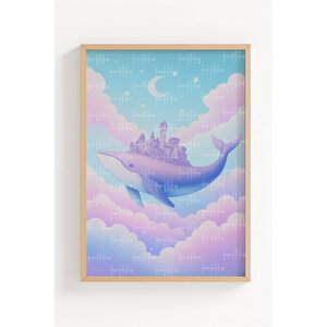 Hayali Balinalar 3’lü Ahşap Çerçeveli Tablo Seti - İllüstrasyon Duvar Dekoru 30x42 cm