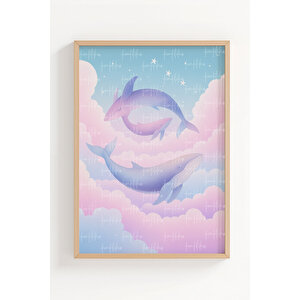 Hayali Balinalar 3’lü Ahşap Çerçeveli Tablo Seti - İllüstrasyon Duvar Dekoru