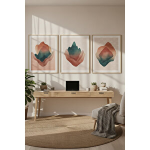 Soyut Renk Geçişli Formlar 3’lü Soyut Ahşap Çerçeveli Tablo Seti - Çalışma Odası Dekoru 50x70 cm