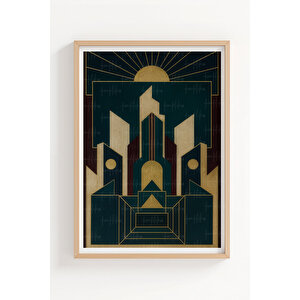 Art Deco Tarzı Geometrik Bina Desenli 3 Parçalı Ahşap Çerçeveli Tablo Seti 21x30 cm